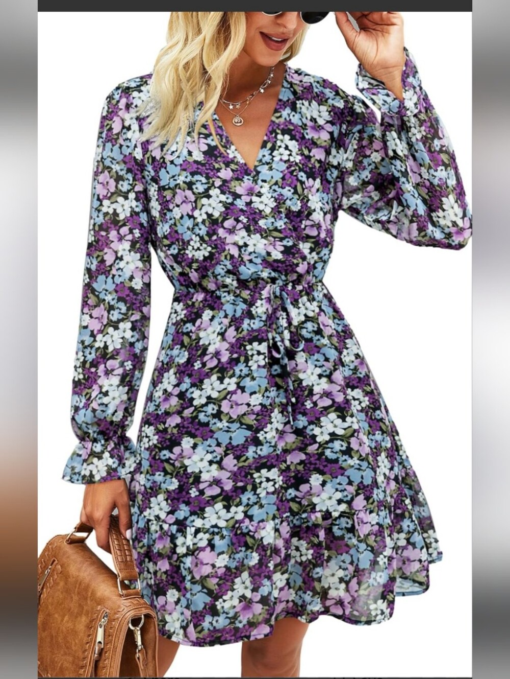 Blue And Purple Floral Dress With Long Sleeves, Size XL
